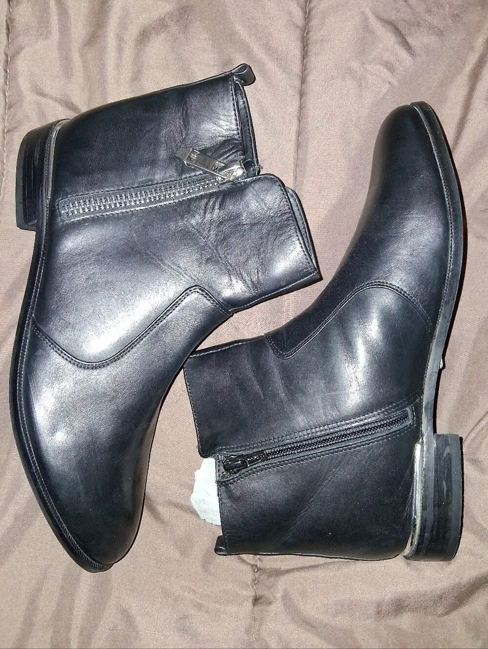 Women's Black Leather Ankle Booties with Side Zipper and Metallic Heel Trim